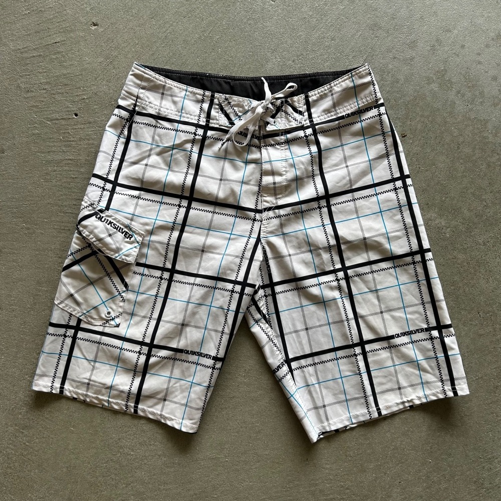Quiksilver Board Shorts Size 32 White Plaid Swim Trunks Elastic Waist Bathing